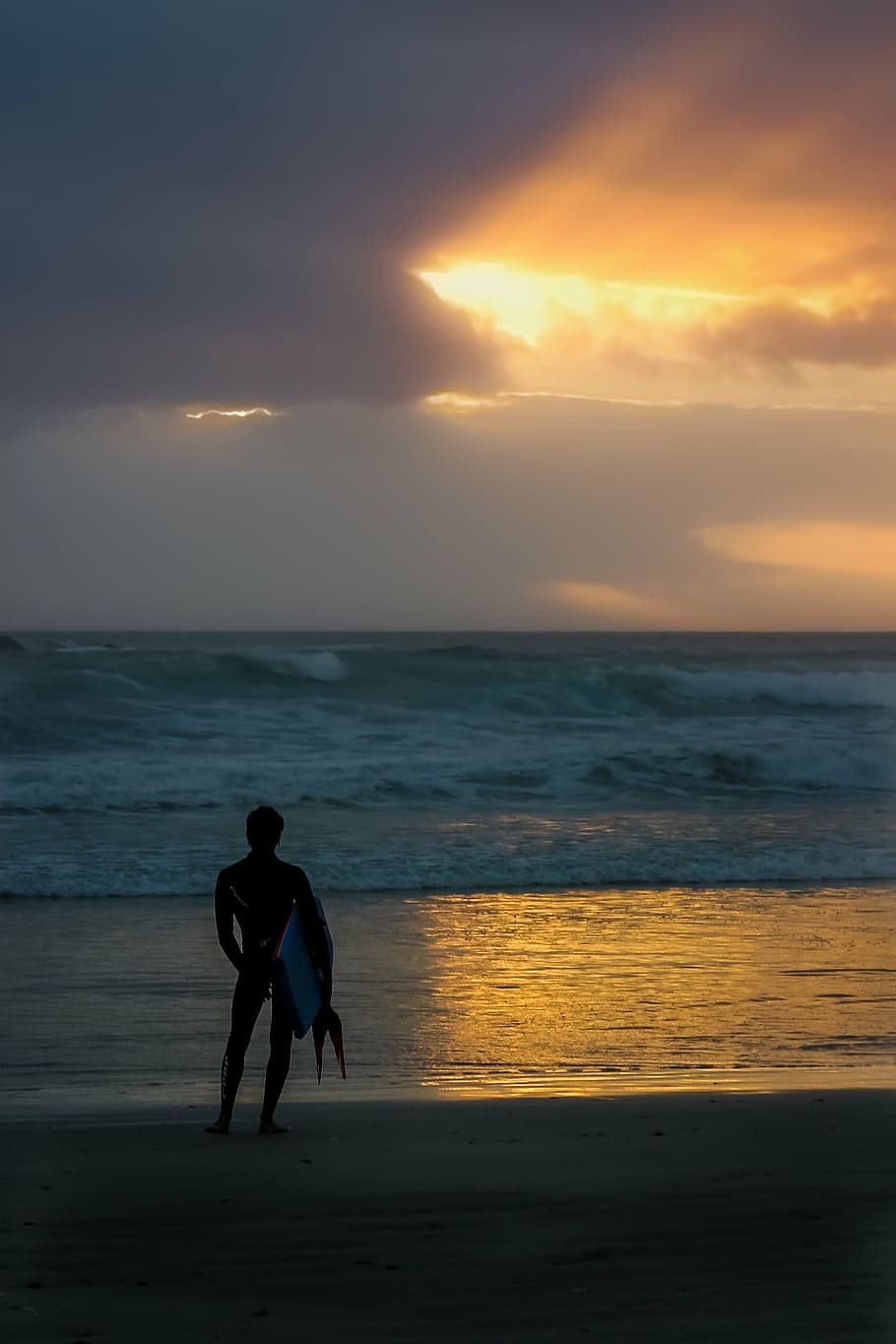 surfer, sunset, one, sky, beach, sea, summer, coast, young HD wallpaper