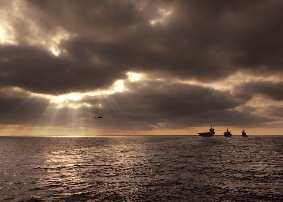 Sunset, Clouds, Colors, Colorful, sky, reflections, ships, silhouette HD wallpaper