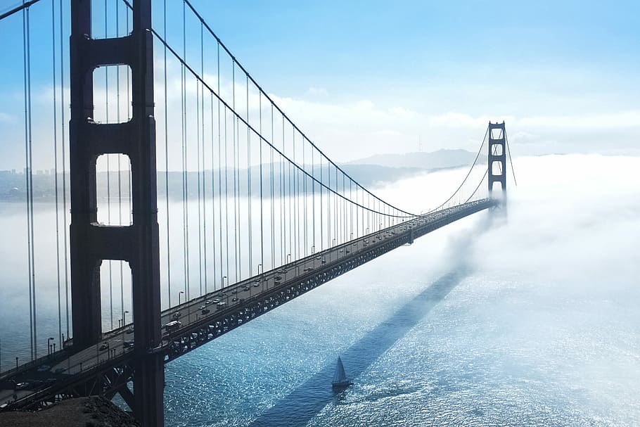 golden gate top view photography, bridge, fog, ocean, bridge - Man Made Structure HD wallpaper