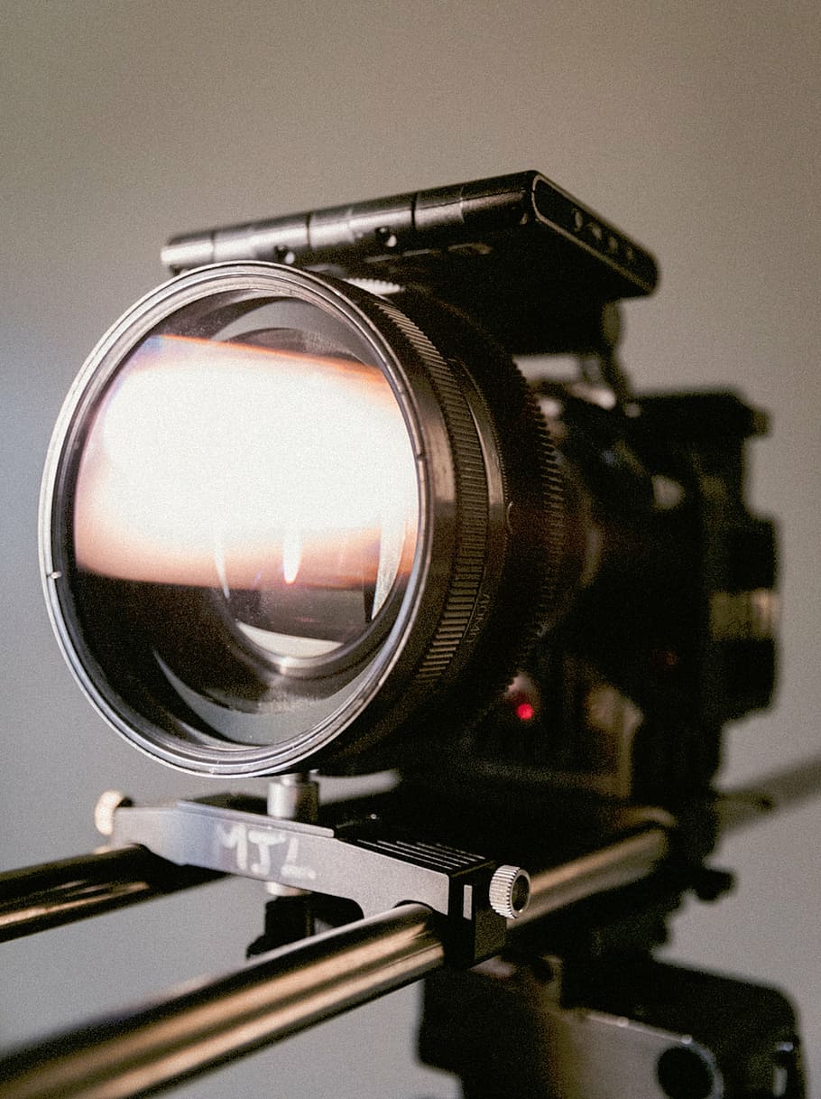 black SLR camera mounted on slider, equipment, tools, production HD wallpaper