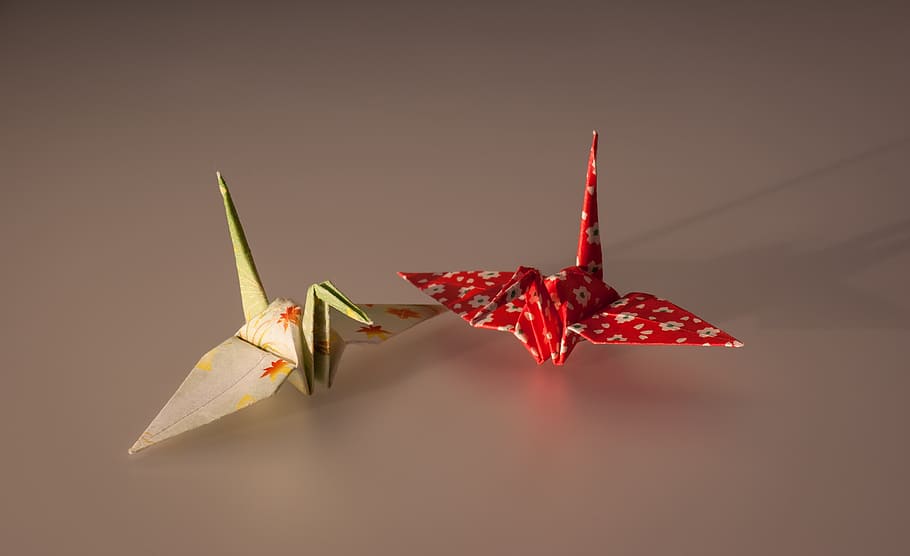 two bird origami papers, folded, cranes, creative, shape, art HD wallpaper