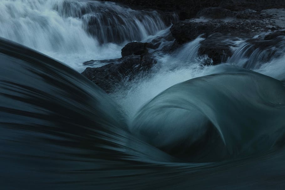 body of water beside rock, time-lapse photography of waterfalls HD wallpaper