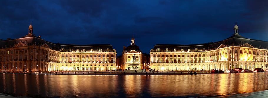 beige lighted house on body of water, Bordeaux, Gironde, Mirror, HD wallpaper