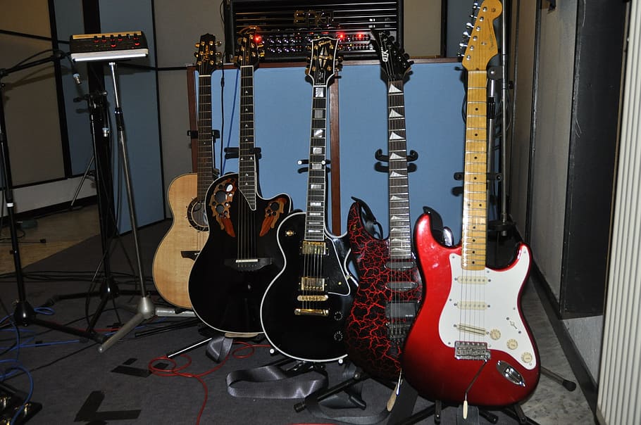 Guitar, Music, Stand, Music Studio, musical instrument, electric guitar, HD wallpaper