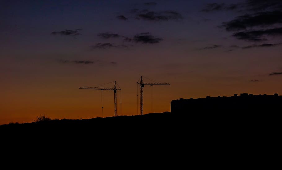 construction, crane, night, sky, silhouette, sunset, cloud - sky HD wallpaper