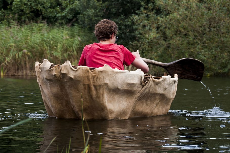water, canoe, coracle, landscape, children, one person, waterfront HD wallpaper