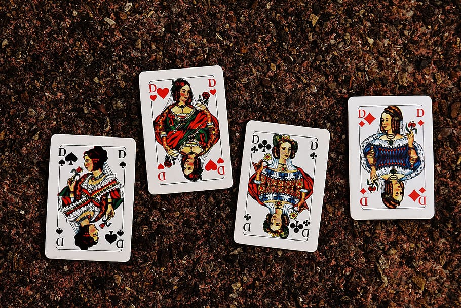 four D playing cards on brown surface, lady, card game, gambling, HD wallpaper