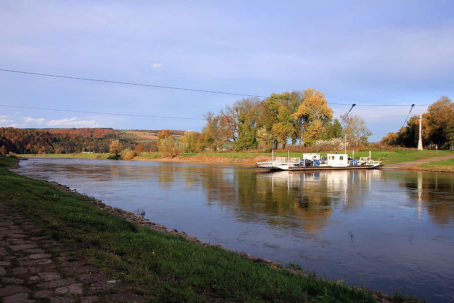 River, Water, Running, Weser, water running, ferry, sky, landscape, HD wallpaper
