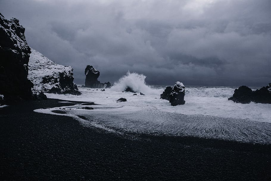 stock rock in body of water, beach wave with snow, ocean, nature HD wallpaper