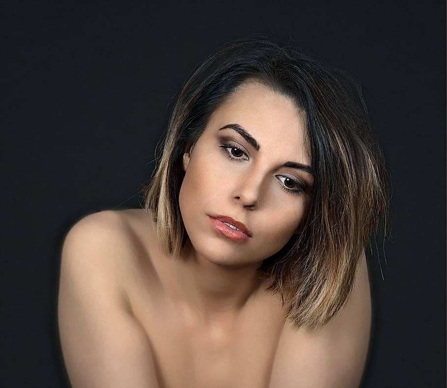 portrait photo of woman with short hair, beauty, girl, the age of the