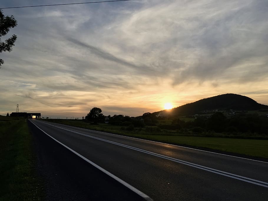 sunset, the sun, sky, mountains, west, evening, way, clouds HD wallpaper