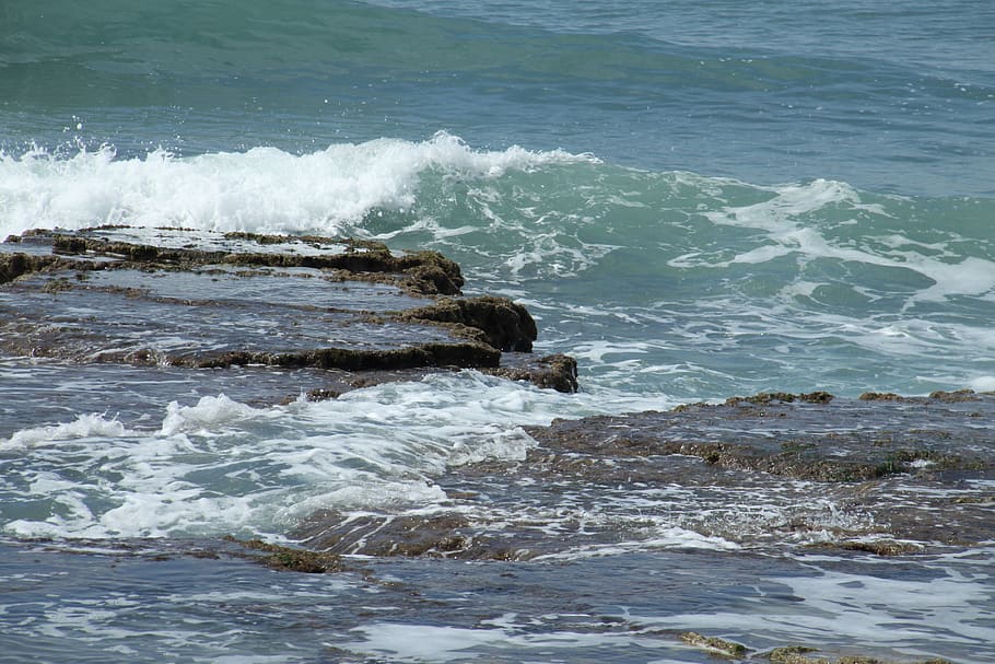 seashore, haifa, israel, waves, rocks, water, motion, sport HD wallpaper