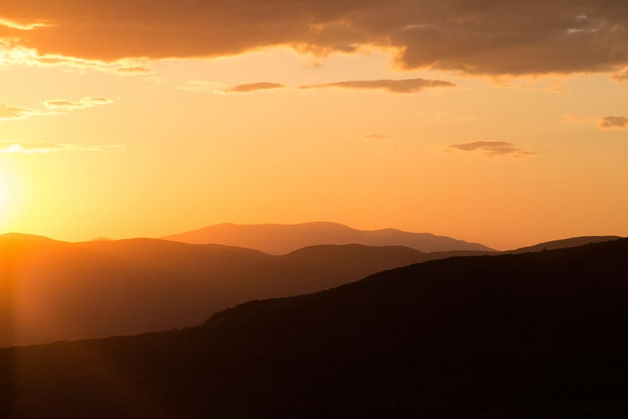 Silhouette of Mountains during Daytime, clouds, dawn, dusk, landscape HD wallpaper