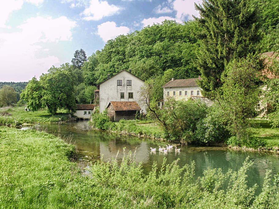 gray concrete house near water, bavaria, germany, sky, clouds HD wallpaper