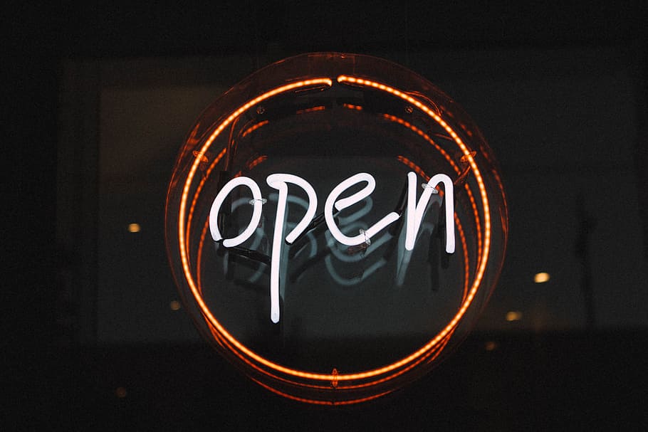 white and orange open LED signage turned on, white and yellow Open neon light signage, HD wallpaper