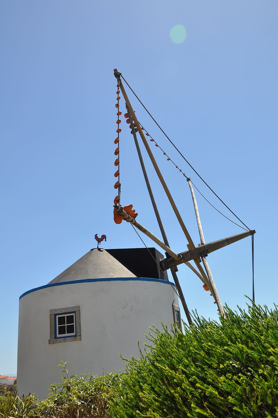 Ericeira, Mill, Field, house, agriculture, sky, clear sky, blue HD wallpaper