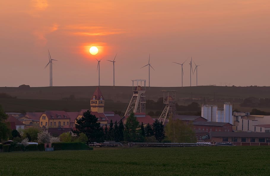 dawn, horizontal, sky, panorama, historic mine, bleicherode HD wallpaper