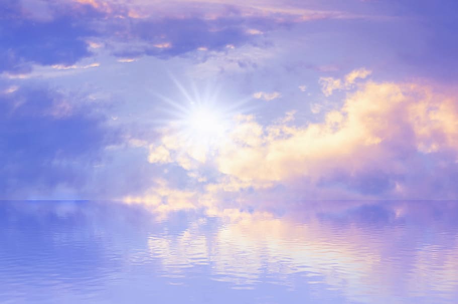 white bright light with calm body of water, landscape, sun, sky