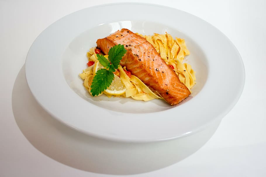 fried salmon on pasta on white surface, restaurant, noodles, italian, HD wallpaper