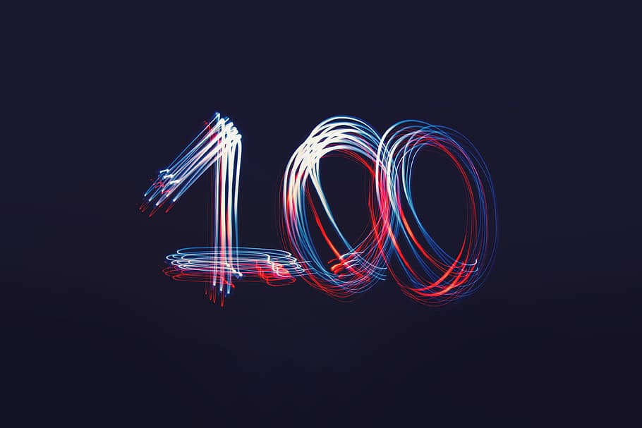 black background with 100 number overlay, light paint, night