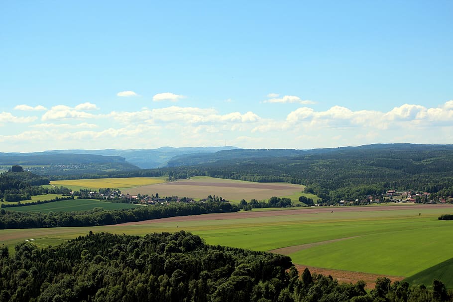 Fields, View, Landscape, Nature, sky, meadow, forest, green HD wallpaper