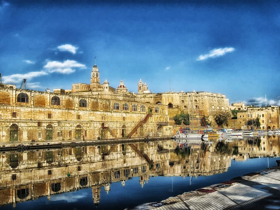 Malta, Buildings, Clouds, Canal, sky, waterway, reflections HD wallpaper