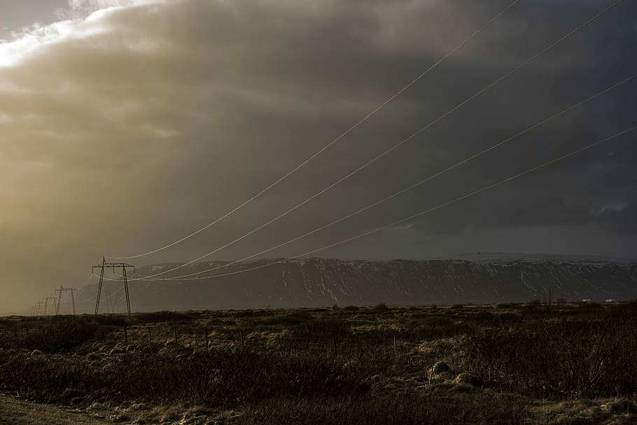 utility towers with wires under clouds, transmission tower HD wallpaper