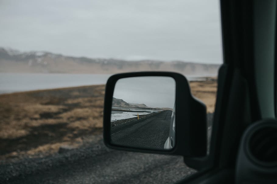 car left side mirror showing black road, vehicle, blur, trip HD wallpaper