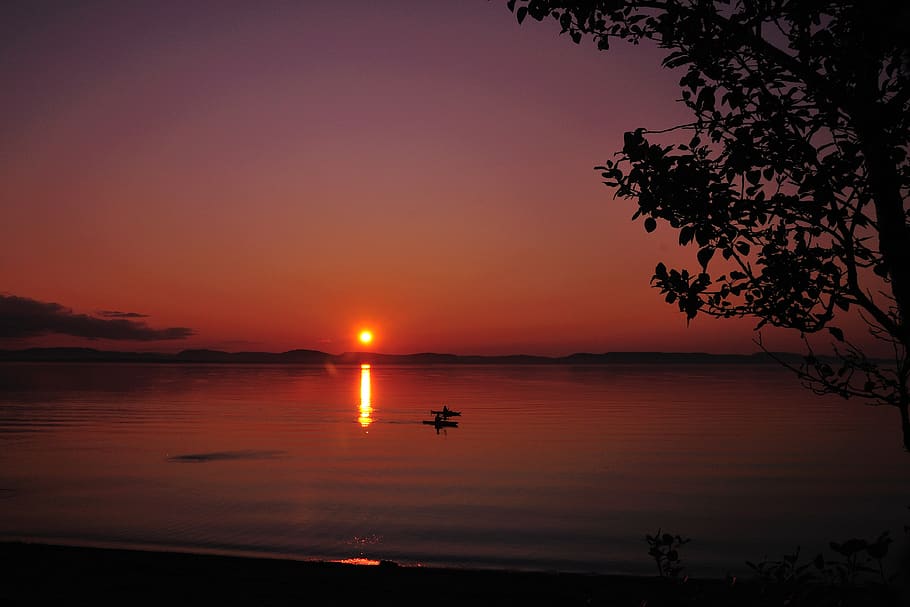 landscape, kayak, sunset, sky, water, scenics - nature, tree HD wallpaper