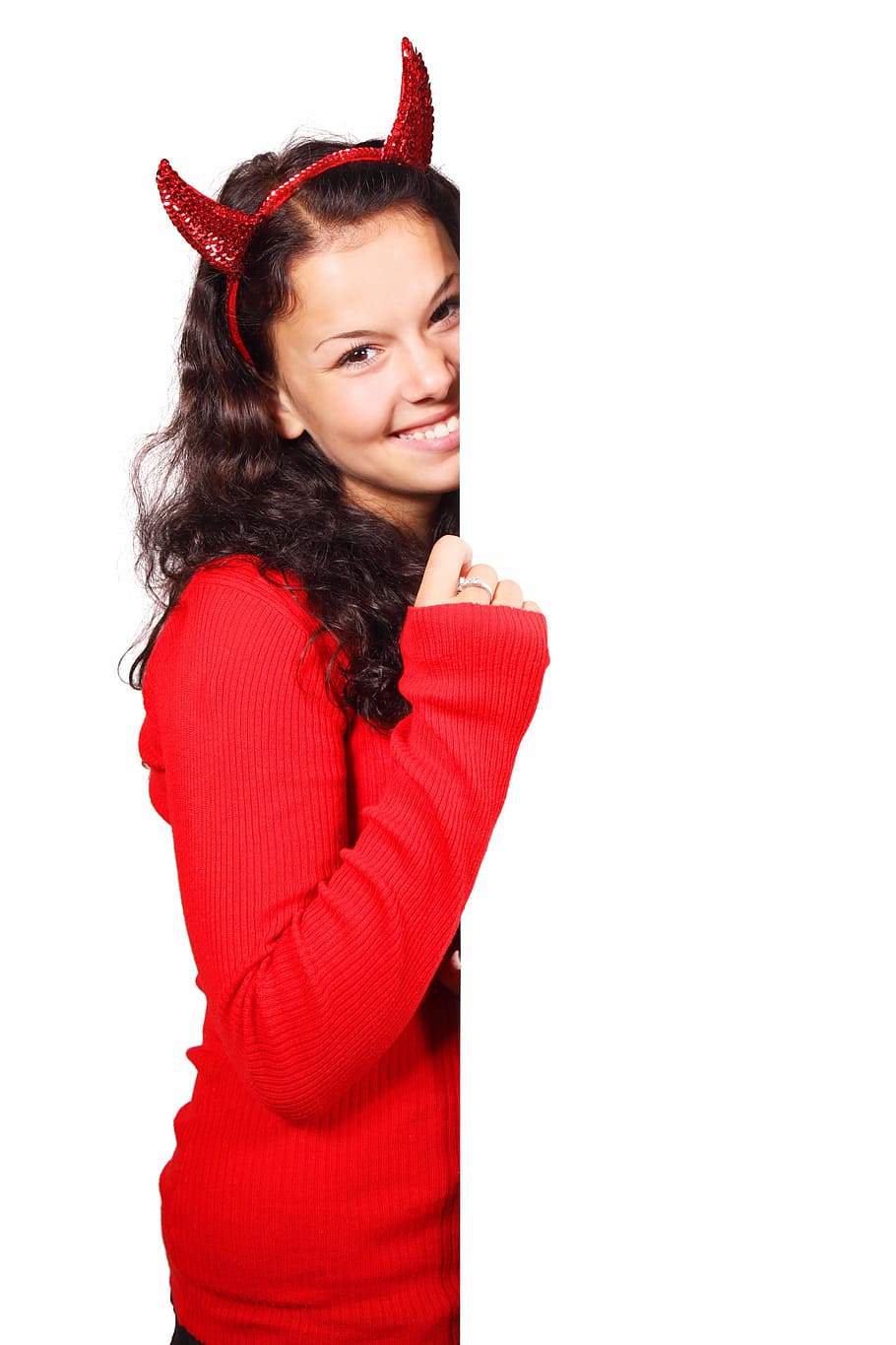 smiling woman wearing red devil Alice band, costume, demon HD wallpaper
