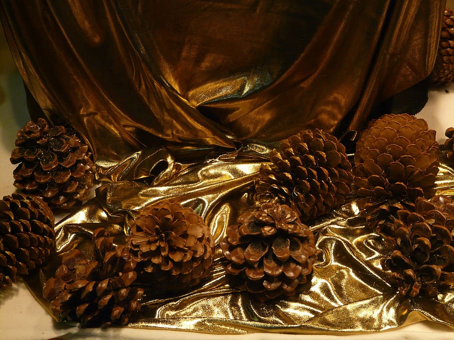 Pine Cones, Decoration, Christmas, window, cloth, golden, shine HD wallpaper