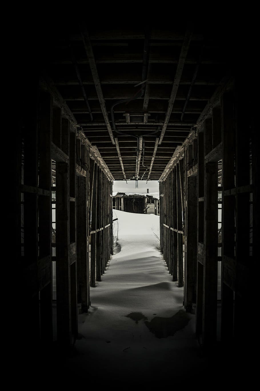 bridge, pier, jetty, wooden, posts, underneath, winter, snow