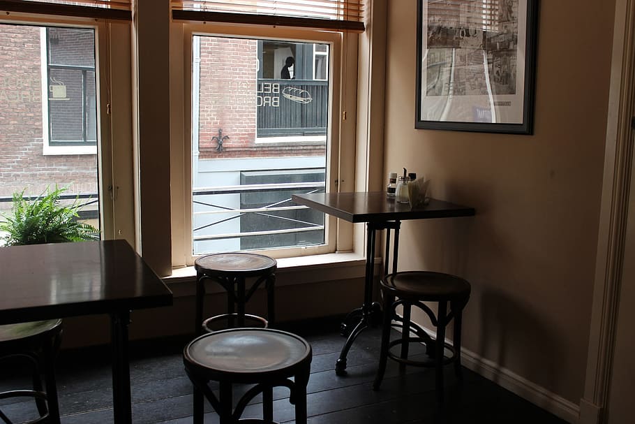 table and chairs beside window, restaurant, stools, tables HD wallpaper