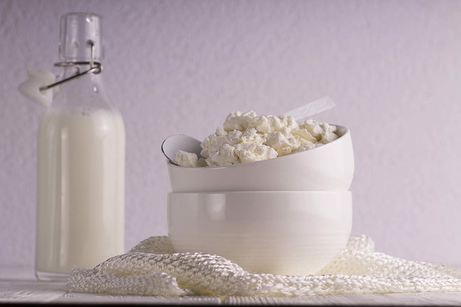 two white bowls with spoon, table, milk, cottage cheese, container HD wallpaper
