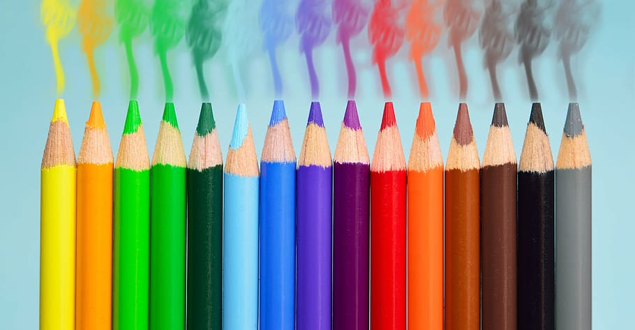assorted-color pencils, pens, smoke, colorful, yellow, orange