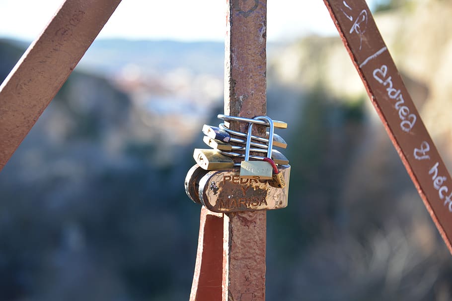 padlocks, love, bridge, focus on foreground, metal, day, close-up HD wallpaper
