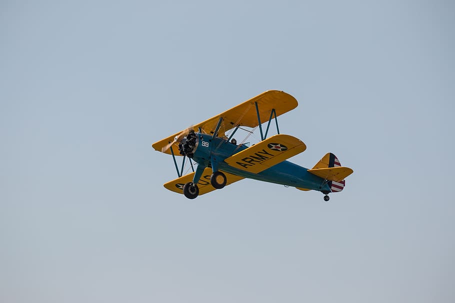 yellow and blue biplane on air, double decker, aircraft, fly HD wallpaper