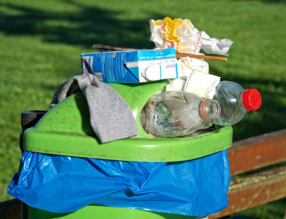 plastic bottles and blue tetra pack on dustbin, garbage, environment HD wallpaper