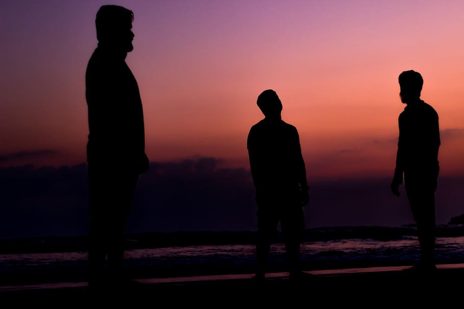 silhouette of tree person near seashore during sunset, silhouette of three men standing on seashore