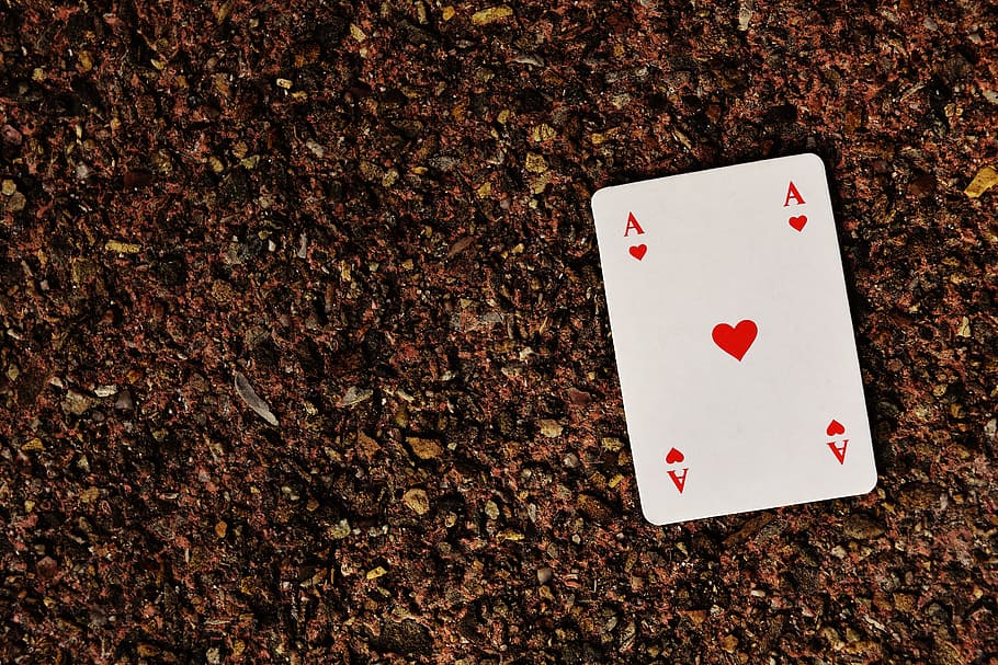 ace of heart playing card on brown surface, playing cards, card game, HD wallpaper