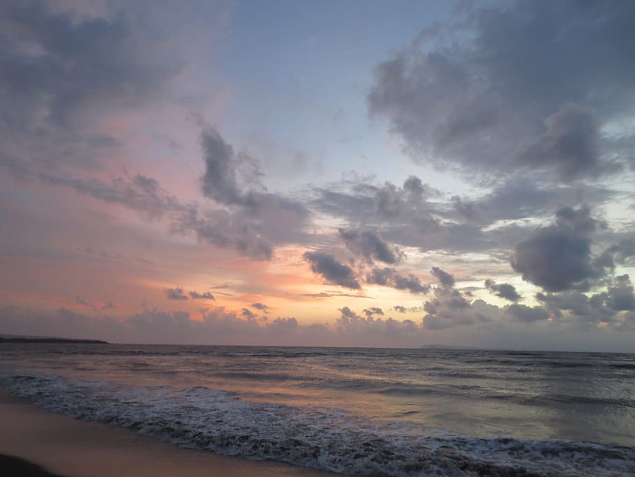 seashore during golden hour, blue, sunset, ocean, water, nature HD wallpaper