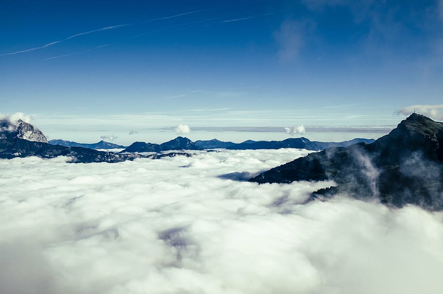 sea of clouds, mountain, peaks, covered, daytime, photo, blue HD wallpaper