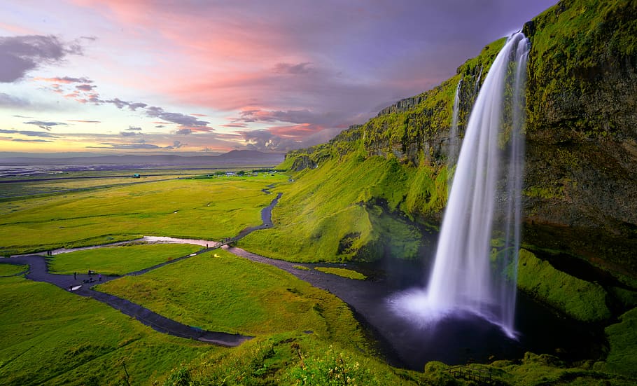 waterfalls at daytime, waterfalls photo, mountain, field, flow HD wallpaper