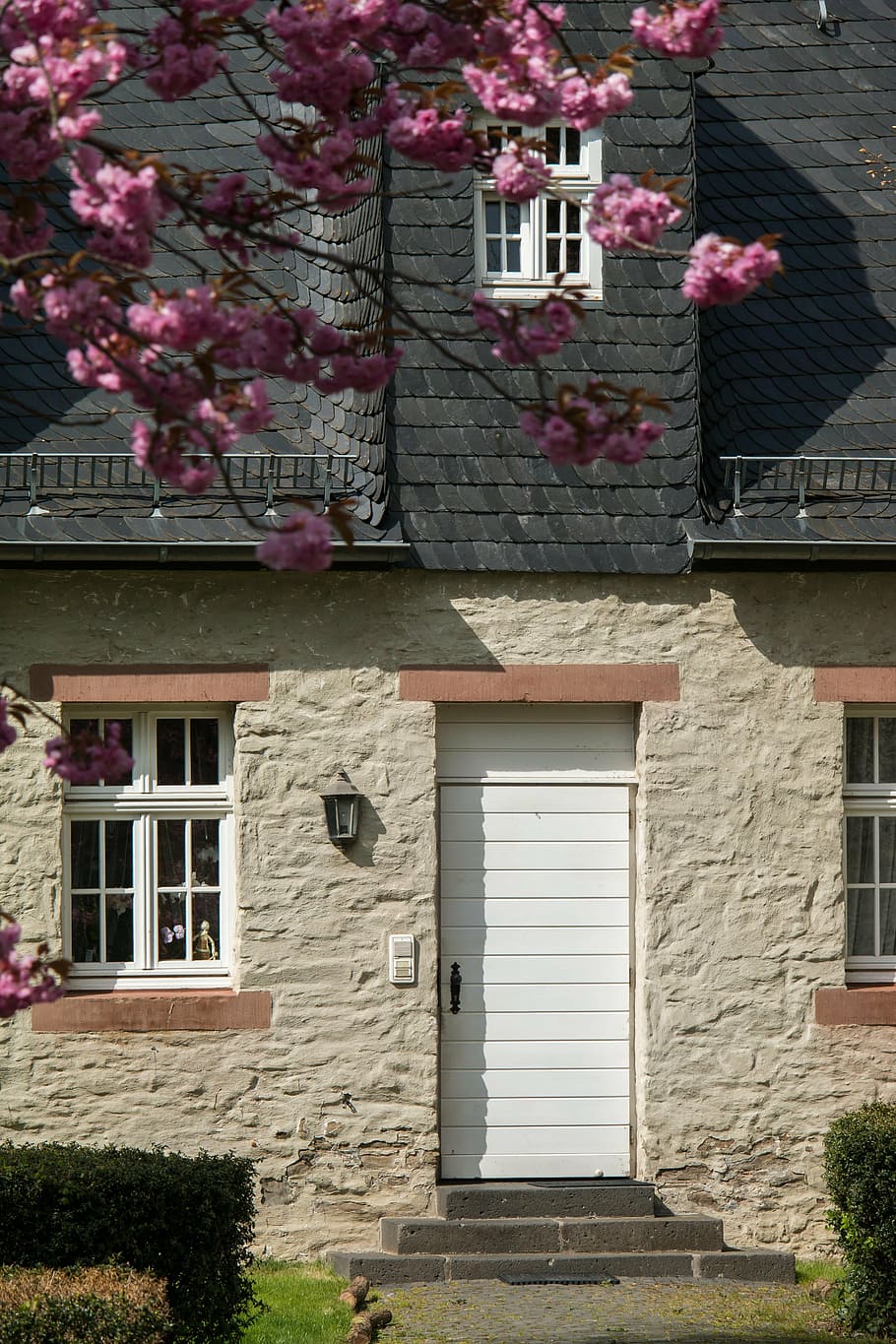 door, facade, input, front door, natural stone, slate, cherry blossom HD wallpaper