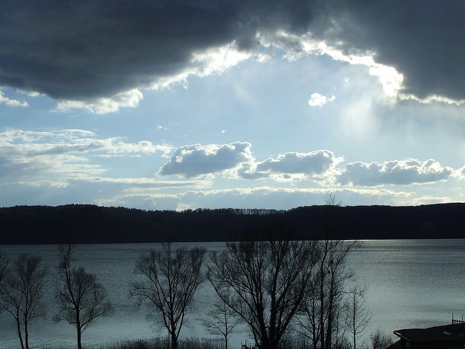 sun, clouds, mood, sunbeam, sky, water, cloud - sky, lake, scenics - nature HD wallpaper