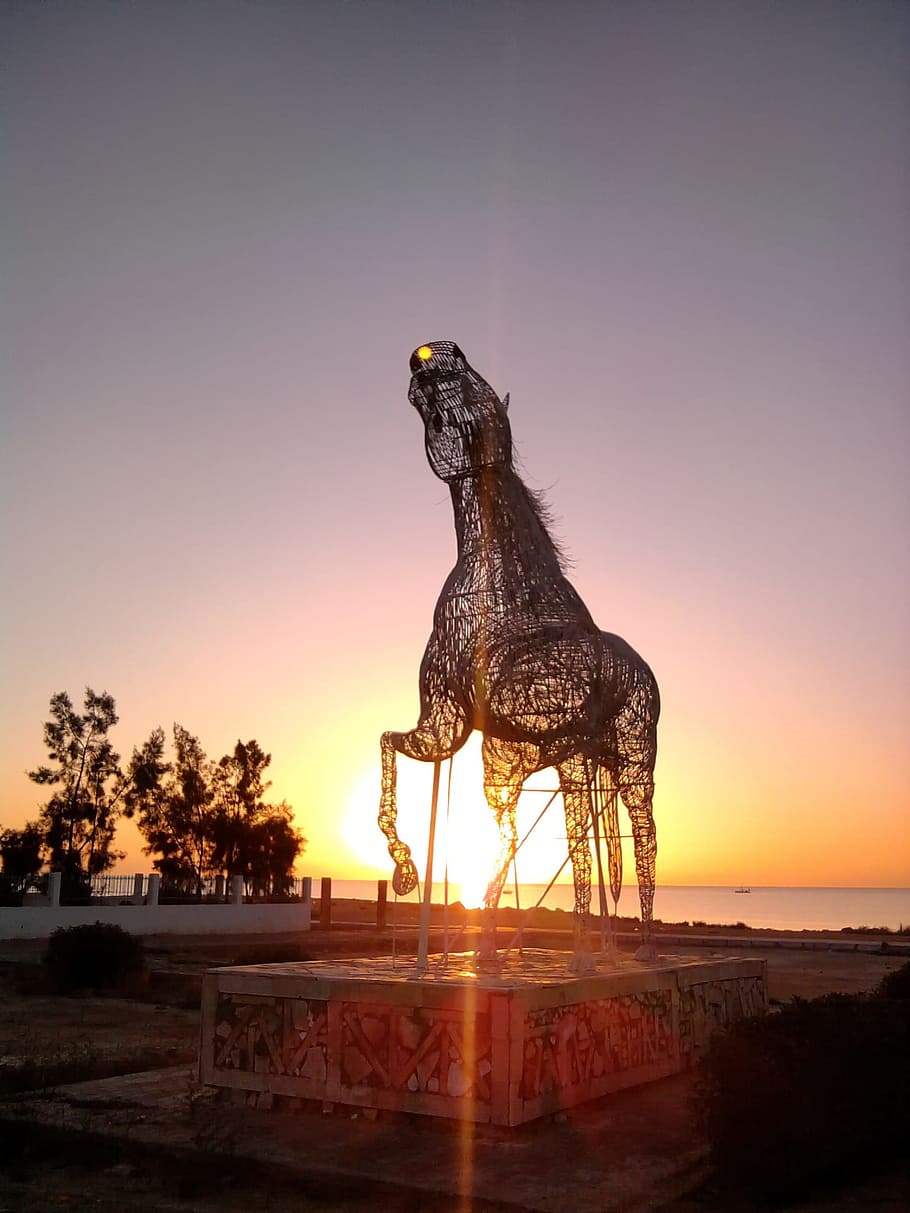 Tunisia, Sculpture, Horse, Sunset, sunlight, sky, clouds, trees HD wallpaper