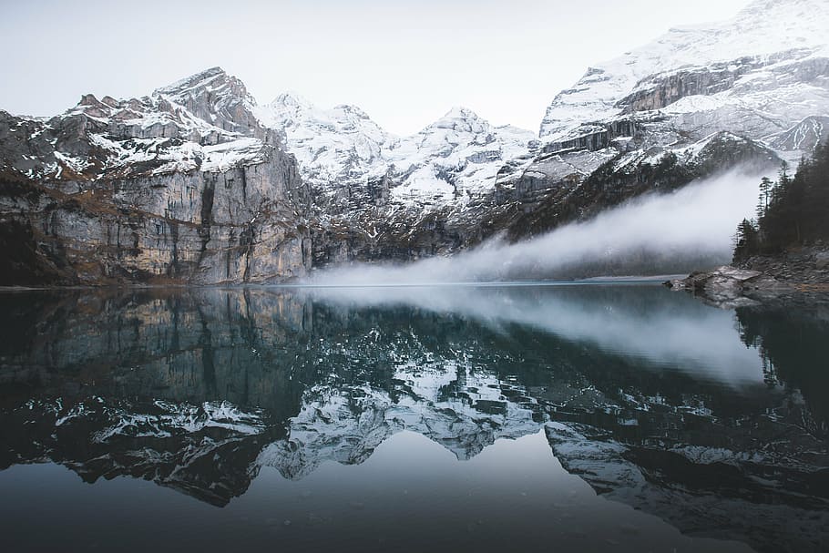 body of water near snow-covered mountain at daytime, photography HD wallpaper