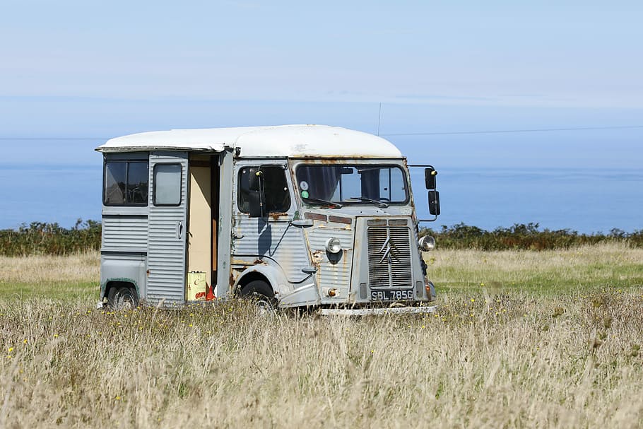 Old van in the field, parked van on grass field, caravan, vehicle