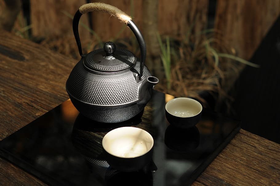 two round black bowls beside teapot on tray, drink, cup containers HD wallpaper