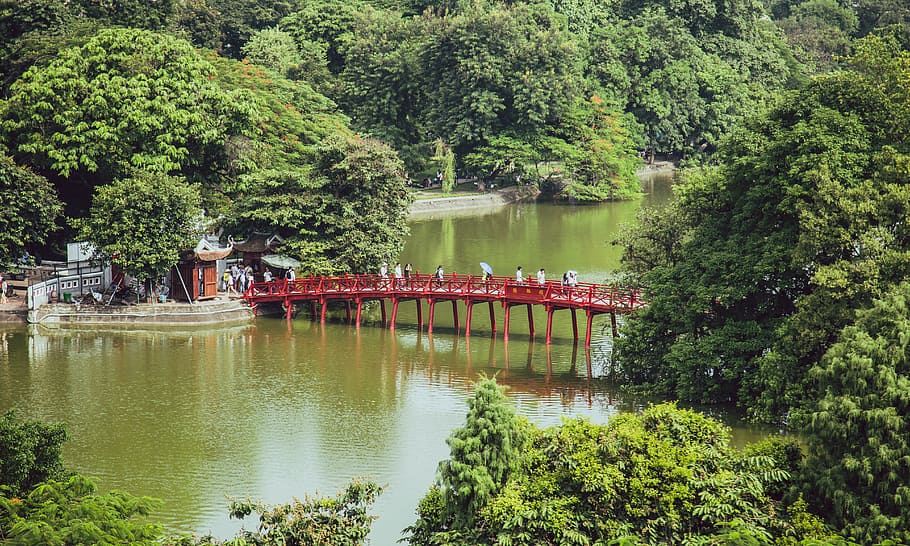 Aerial Photography of People Crossing Bridge over Body of Water HD wallpaper